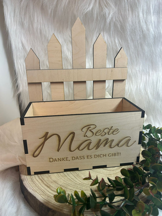 Personalisierte Holzkiste mit Gravur – Geschenk für Mama | Dekokiste 23x10x12 cm