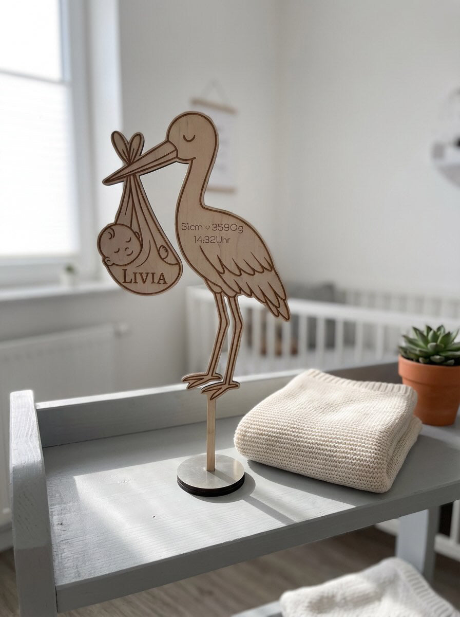 Personalisierter Storch aus Birkenholz – Geburtsdeko mit Name & Daten | ca. 50 cm
