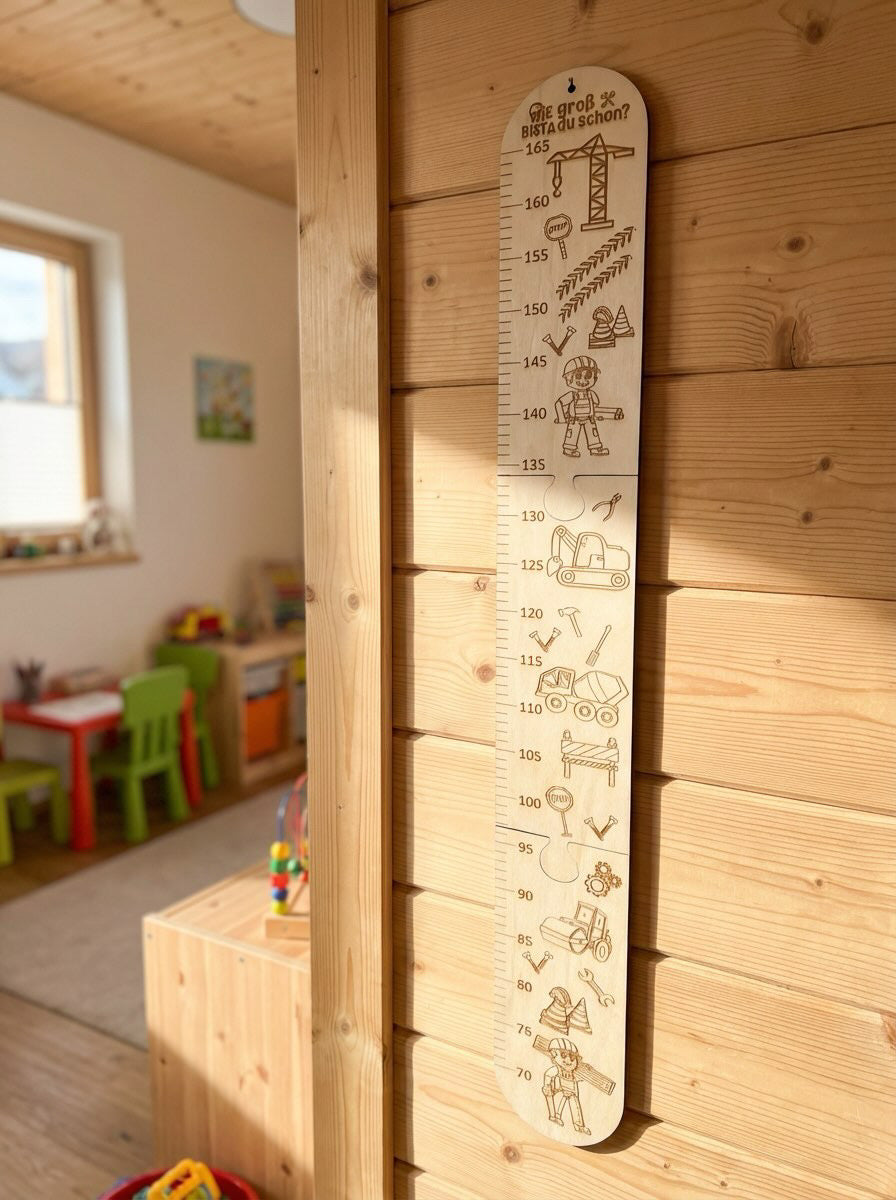 Kinder Messlatte aus Holz – Personalisiertes Größenmessbrett fürs Kinderzimmer | Tiere, Baustelle oder Heißluftballon