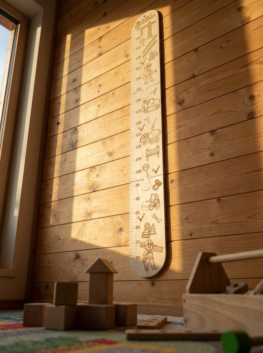 Kinder Messlatte aus Holz – Personalisiertes Größenmessbrett fürs Kinderzimmer | Tiere, Baustelle oder Heißluftballon