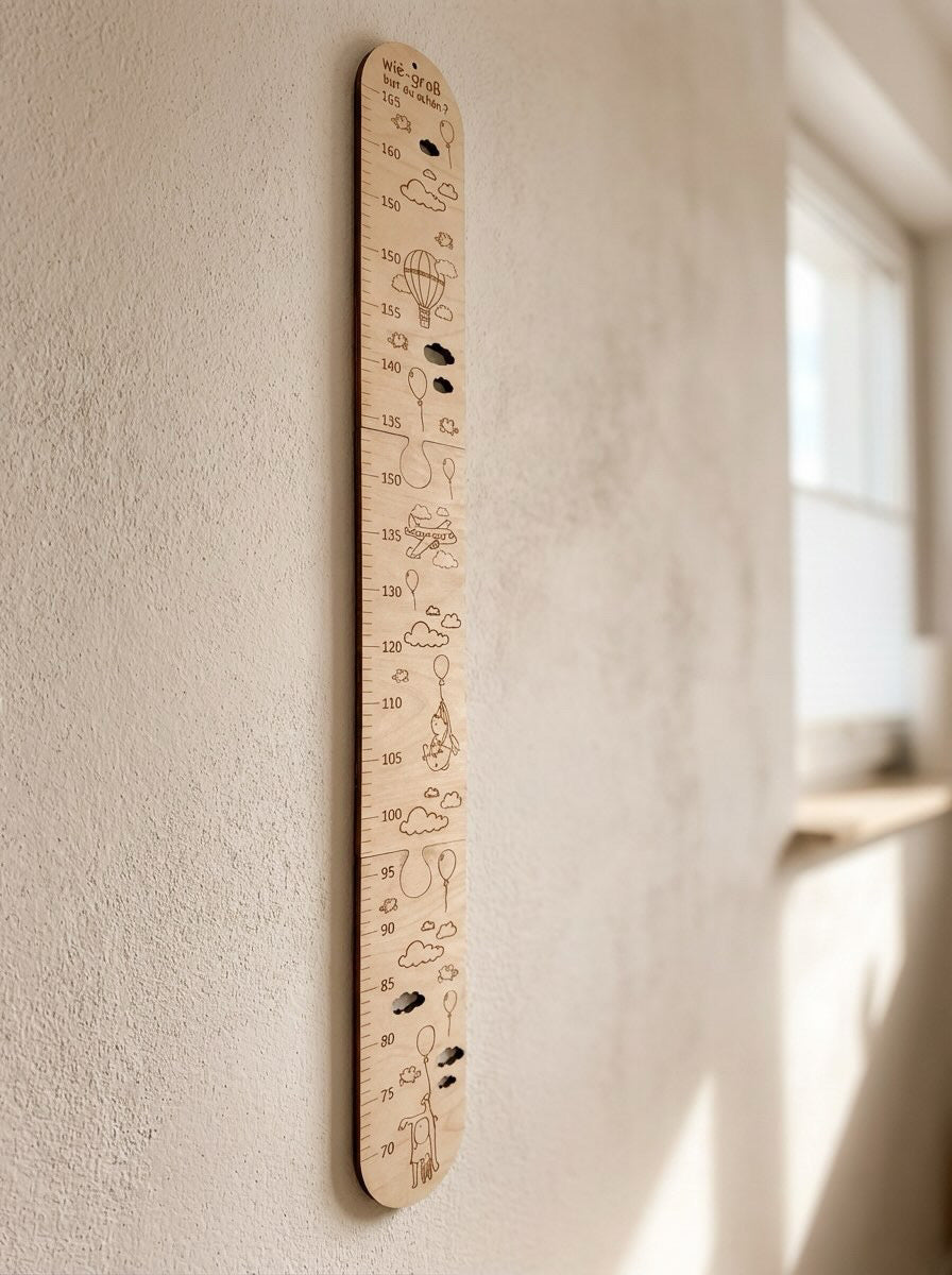 Kinder Messlatte aus Holz – Personalisiertes Größenmessbrett fürs Kinderzimmer | Tiere, Baustelle oder Heißluftballon