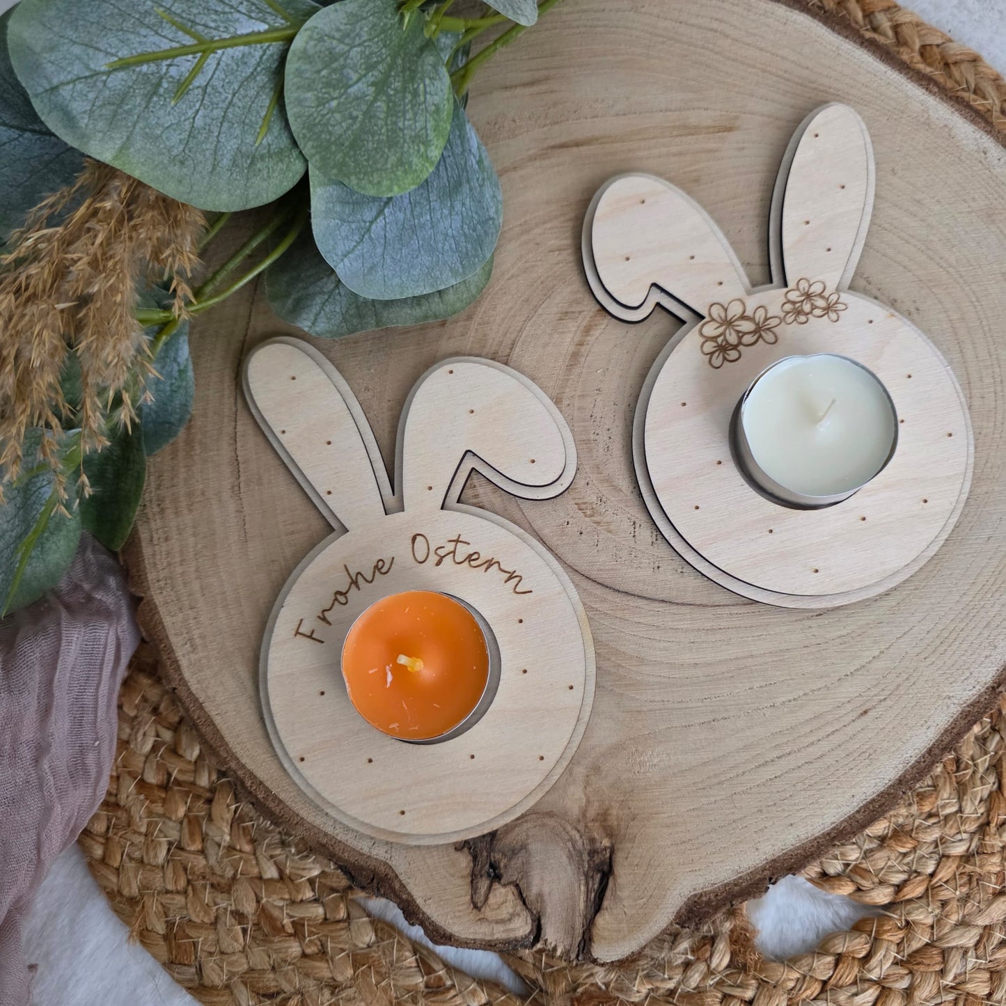 Oster-Teelichthalter Hase aus Holz – Frohe Ostern | Ø 10 cm