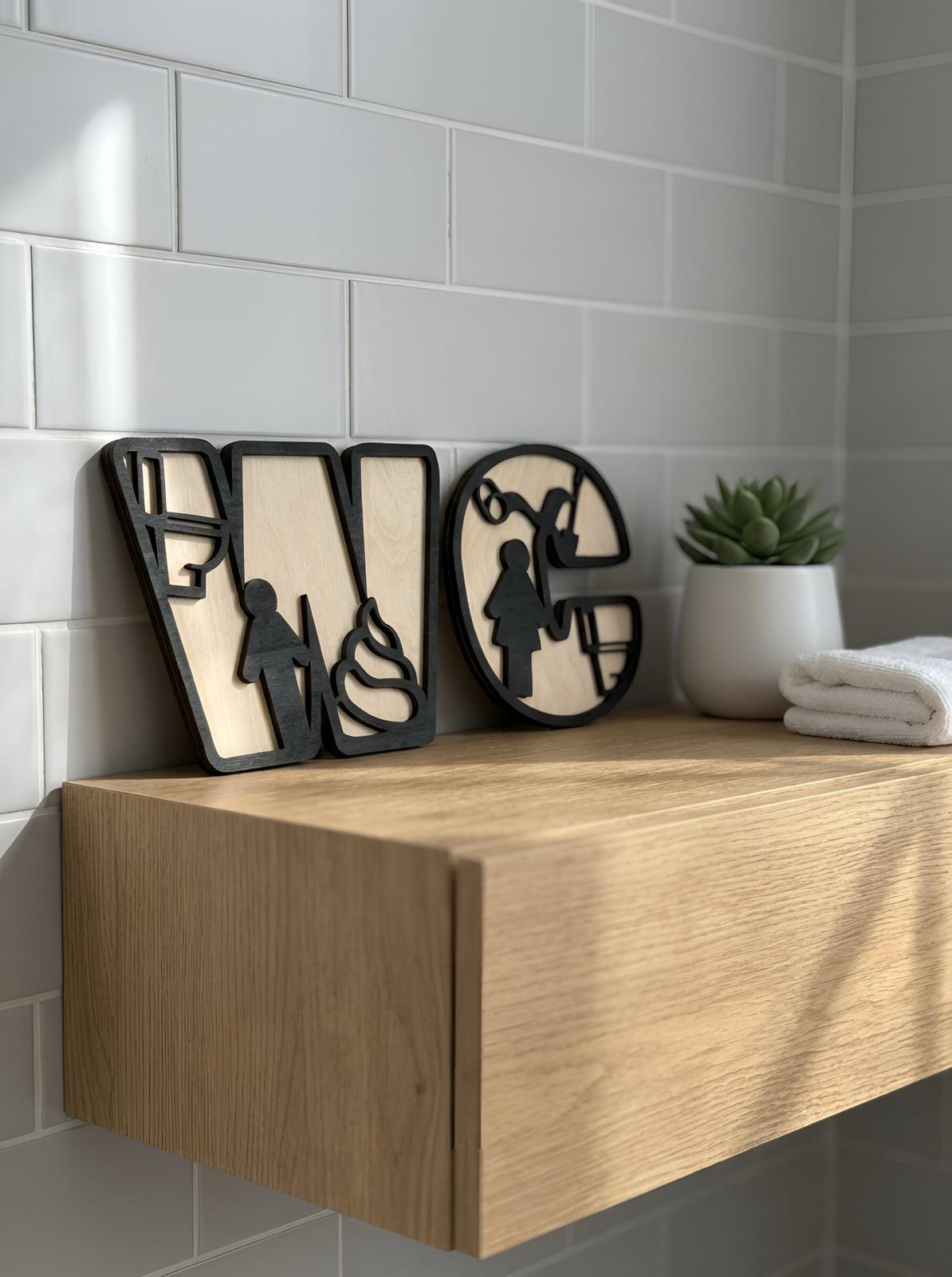 WC Deko Schriftzug aus Holz – Moderne Toiletten Dekoration fürs Badezimmer