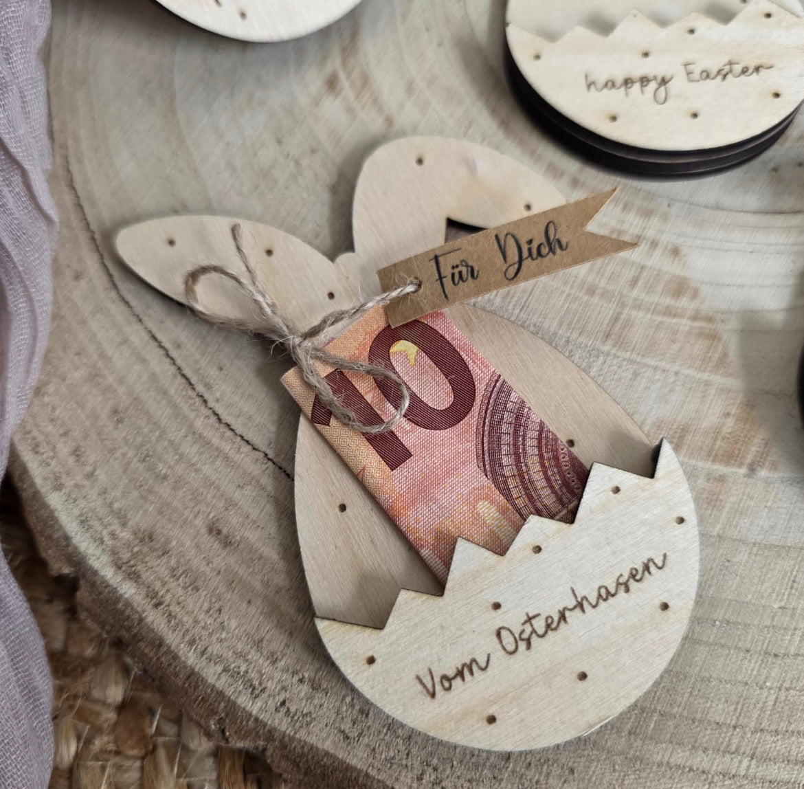 Osterhase aus Holz als Geldgeschenk – Personalisierte Osterdeko mit Gravur
