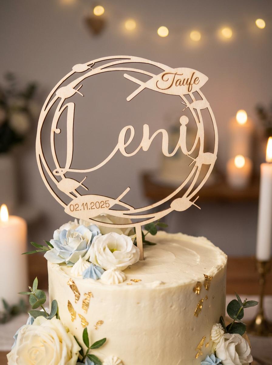 Personalisierter Cake Topper zur Taufe aus Holz – Name & Datum | Ø 15 cm