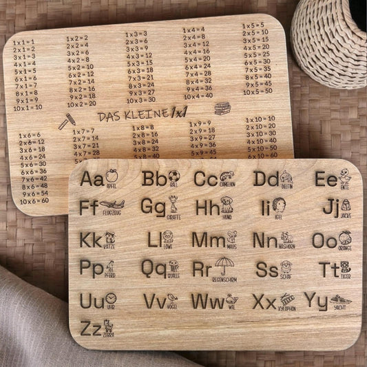 Lernbrett aus Holz – Alphabet & Einmaleins | Kinder Lernhilfe Holz | Schulanfang Geschenk