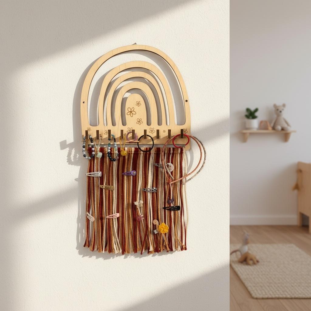 Regenbogen Wanddeko aus Holz mit Fäden – Kinderzimmer Wanddekoration Naturholz 30 × 28 cm