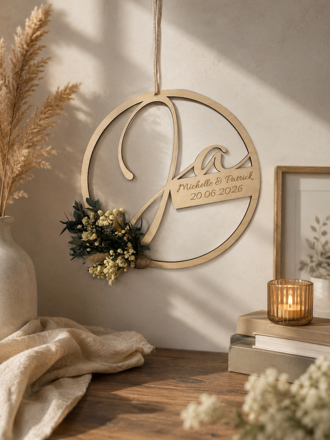 Personalisierter Holzring mit Namen – Hochzeitsdeko & Wanddeko aus Holz | Ø 28 cm