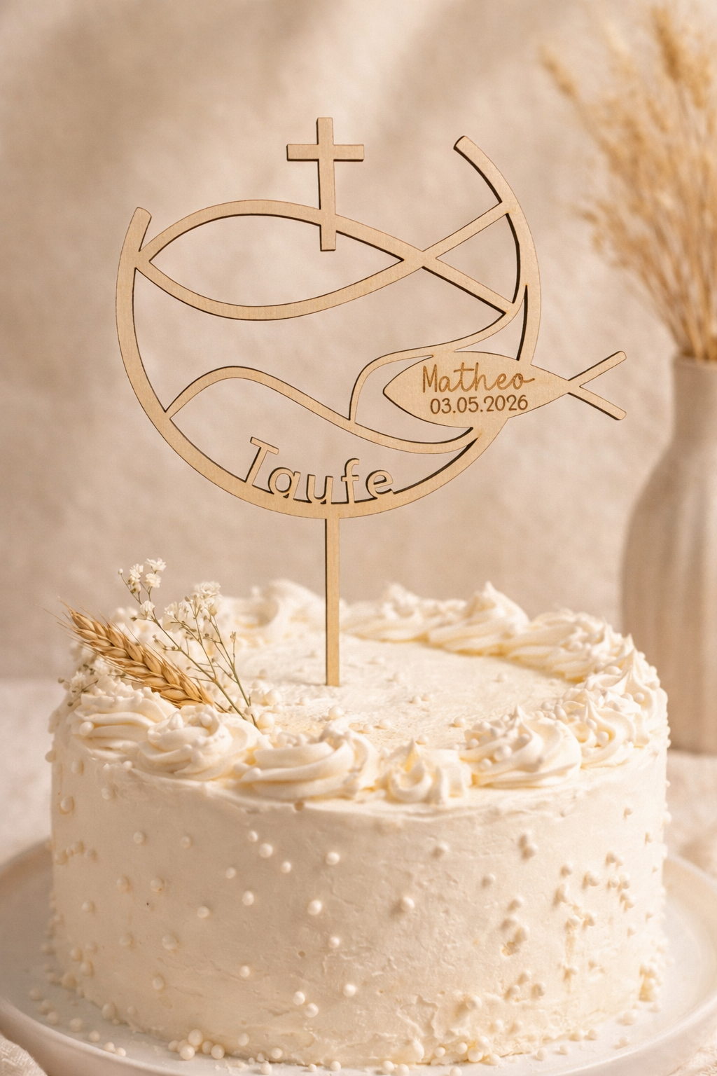 Tortenstecker Taufe personalisiert aus Holz – Fisch & Kreuz Cake Topper mit Name & Datum