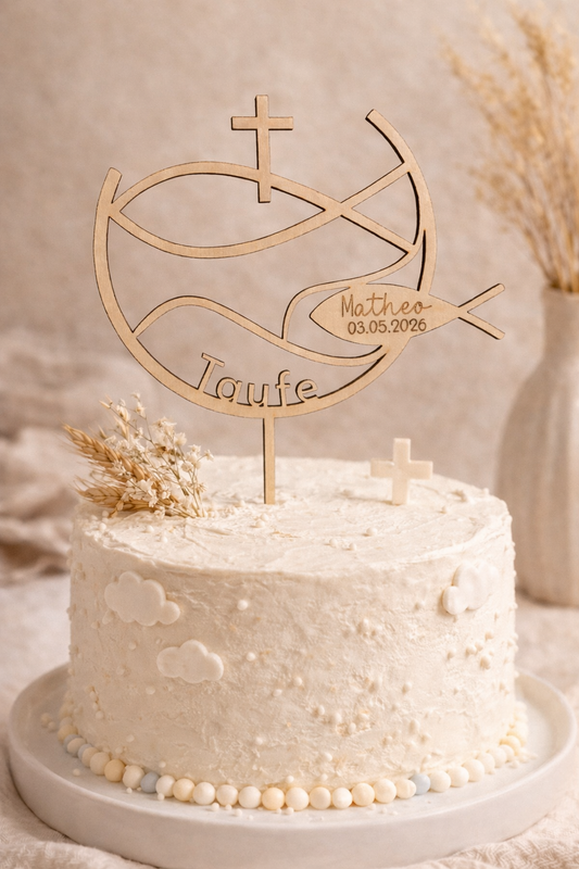 Tortenstecker Taufe personalisiert aus Holz – Fisch & Kreuz Cake Topper mit Name & Datum