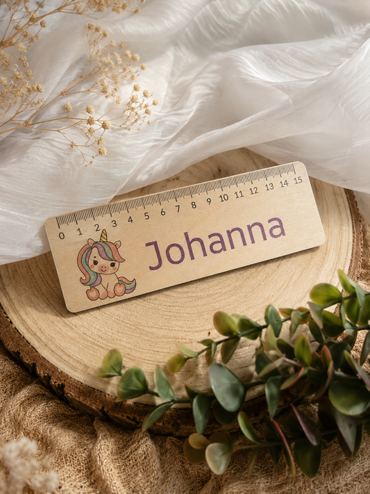Personalisiertes Holzlineal mit Name & Wunschmotiv | 15 cm Kinderlineal | Geschenk zum Schulanfang