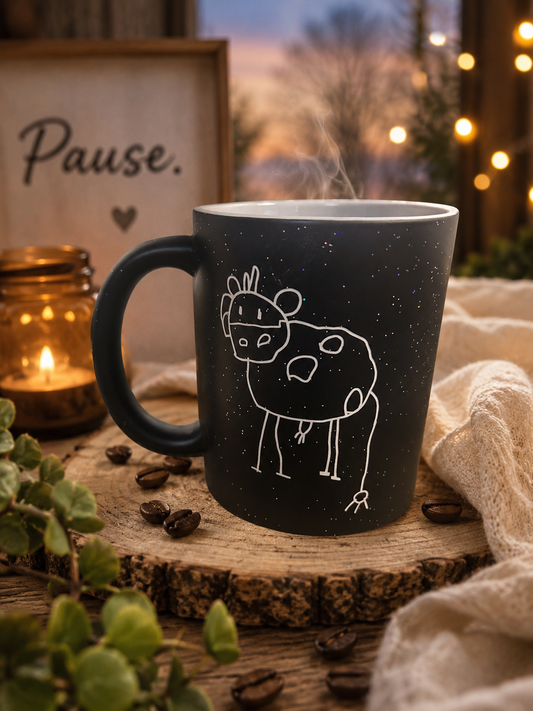 Personalisierte Glitzertasse mit Farbwechsel – Kinderzeichnung, Wunschtext oder Wunschmotiv | Tasse in Schwarz & Blau