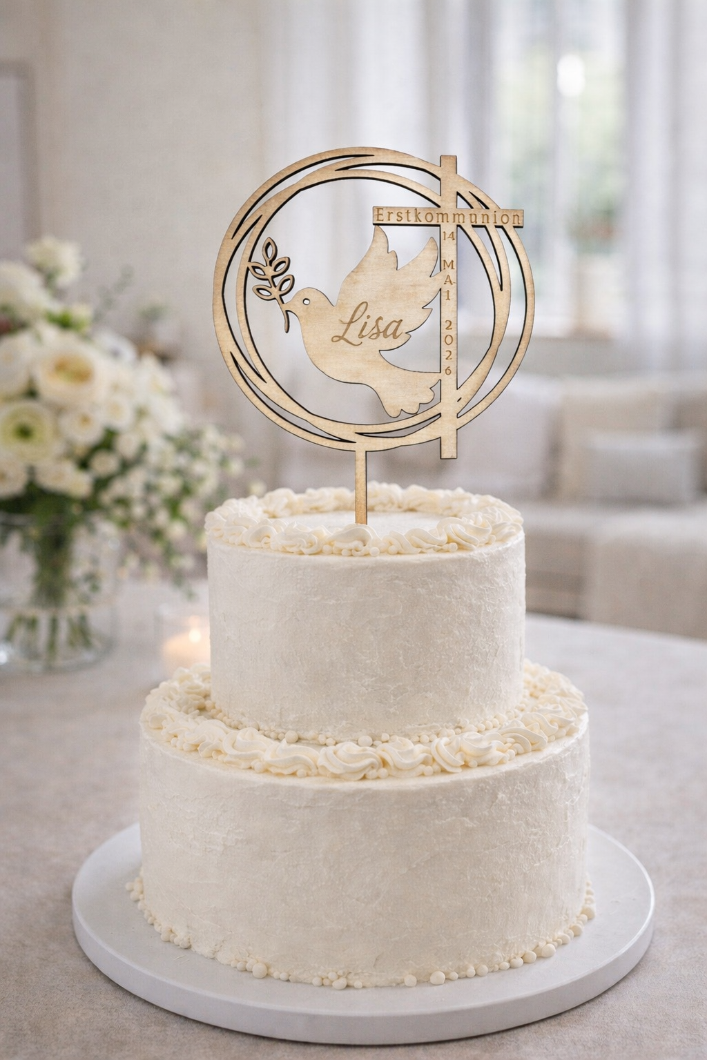 Personalisierter Tortenstecker Erstkommunion mit Taube – Holz Cake Topper mit Name & Datum
