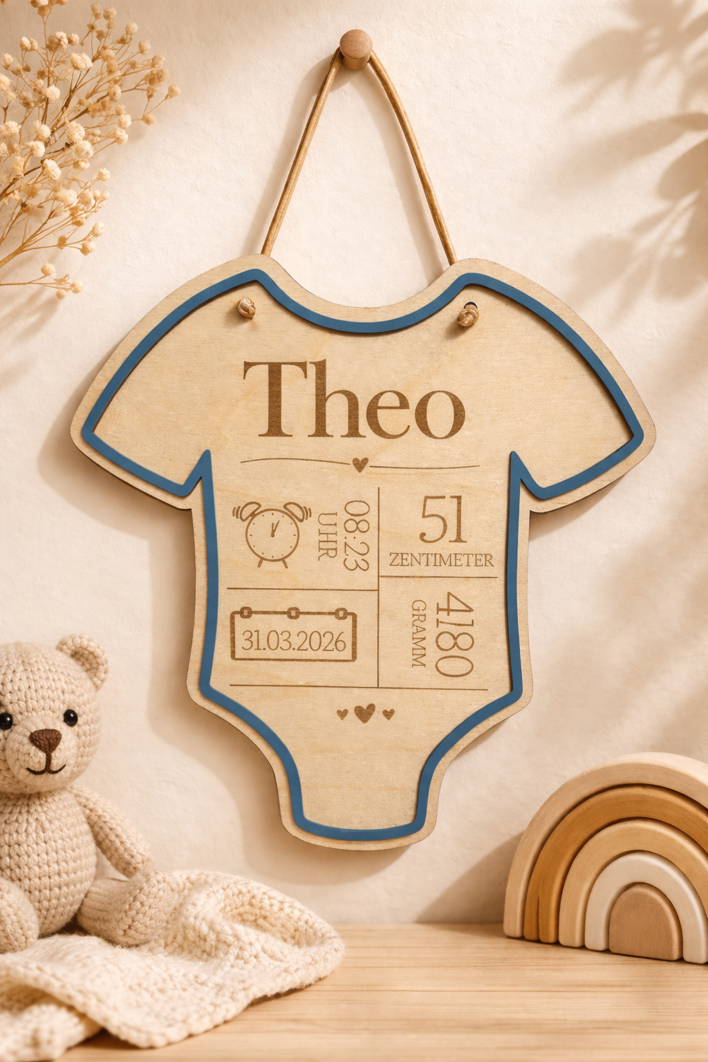 Personalisierter Babybody aus Holz mit Geburtsdaten – Wanddeko Babyzimmer | Höhe ca. 25 cm
