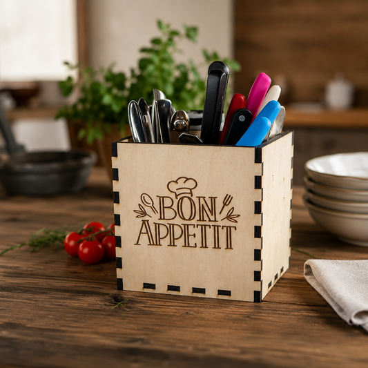 Besteckkasten aus Holz 14 x 14 x 16 cm | Besteckhalter mit Wunschgravur | Küchen Organizer | Bon Appetit
