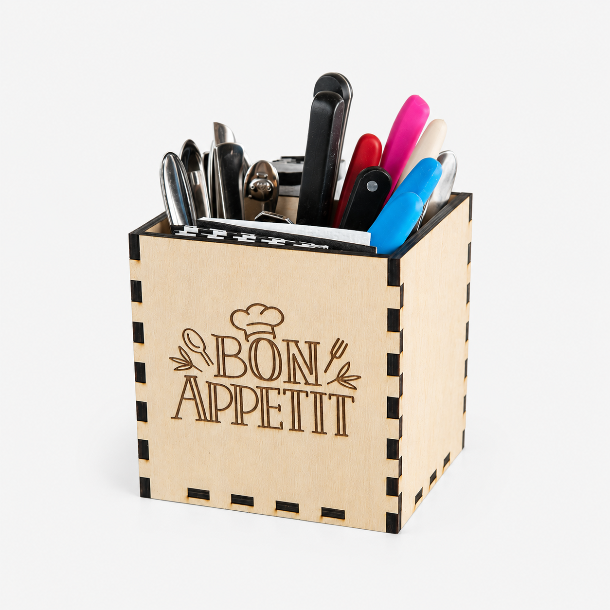 Besteckkasten aus Holz 14 x 14 x 16 cm | Besteckhalter mit Wunschgravur | Küchen Organizer | Bon Appetit