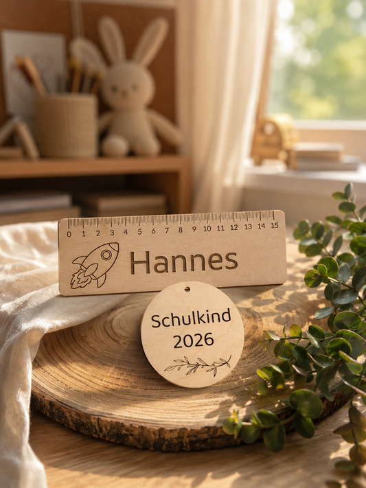 Personalisiertes Lineal aus Holz mit Name & Schultüten-Anhänger – Einschulung Geschenk