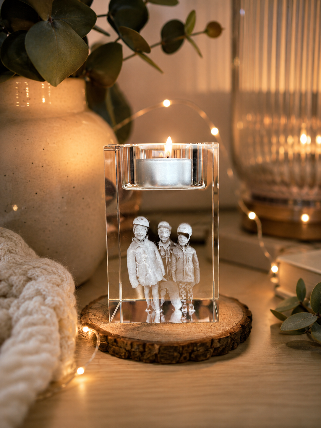 Personalisierter Teelichthalter aus Kristallglas mit Fotogravur