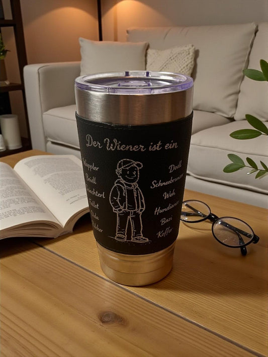 Personalisierter Thermobecher mit Gravur – 590 ml – Edelstahl mit Kunstleder – Wunschname – Spülmaschinengeeignet – Schwarz oder Braun