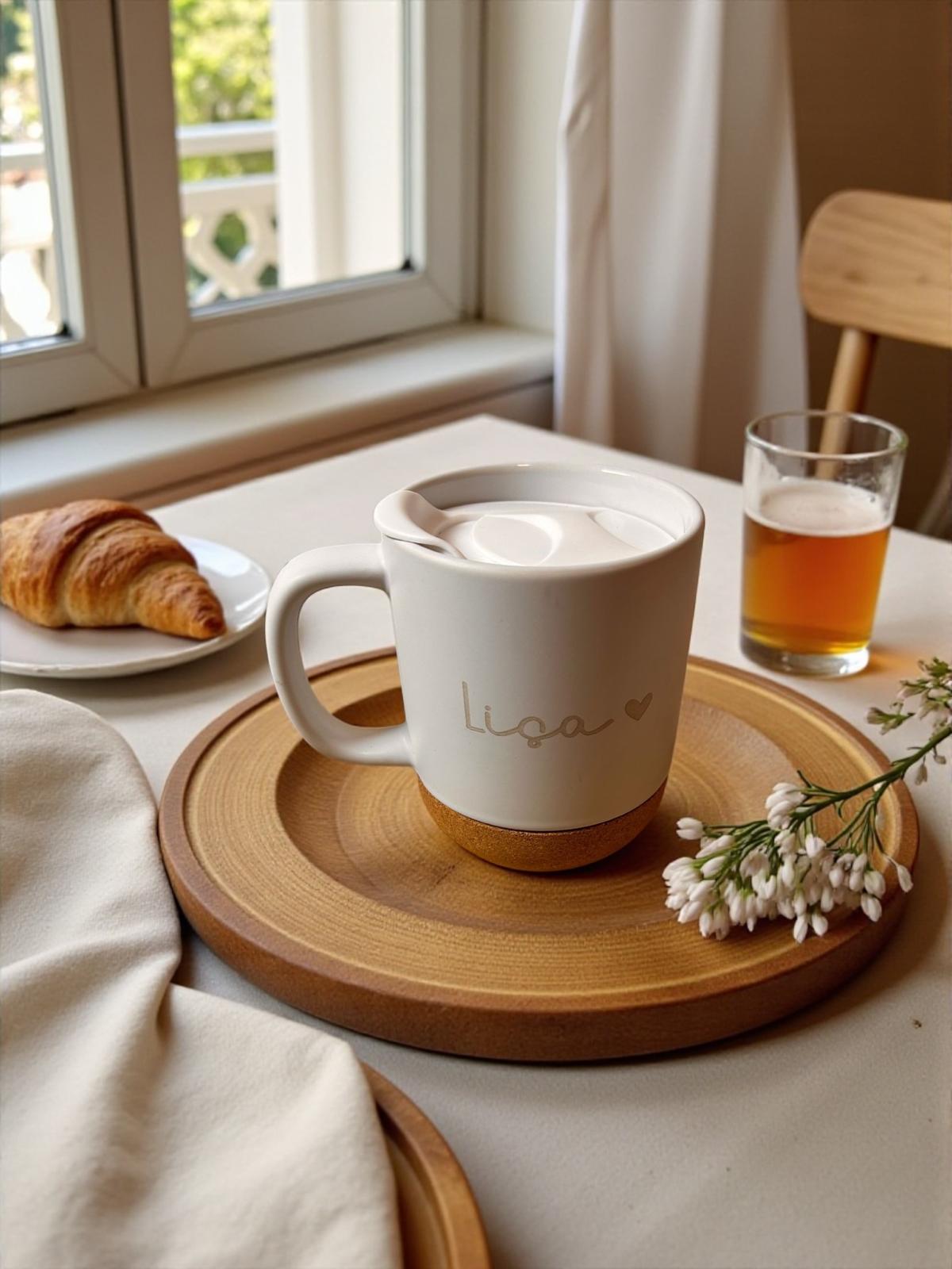 Personalisierte Laser Keramiktasse  – mit abnehmbarem Korksockel & Deckel – 330 ml – Schwarz & Weiß – spülmaschinengeeignet