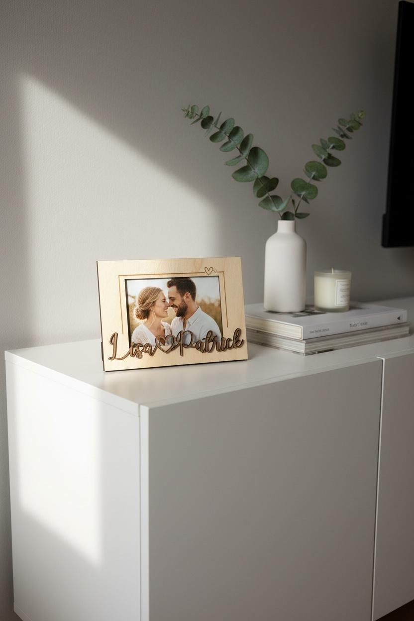 Personalisierter Bilderrahmen aus Holz mit Namen – Foto 10×15 cm – Hoch- oder Querformat – stehend oder hängend