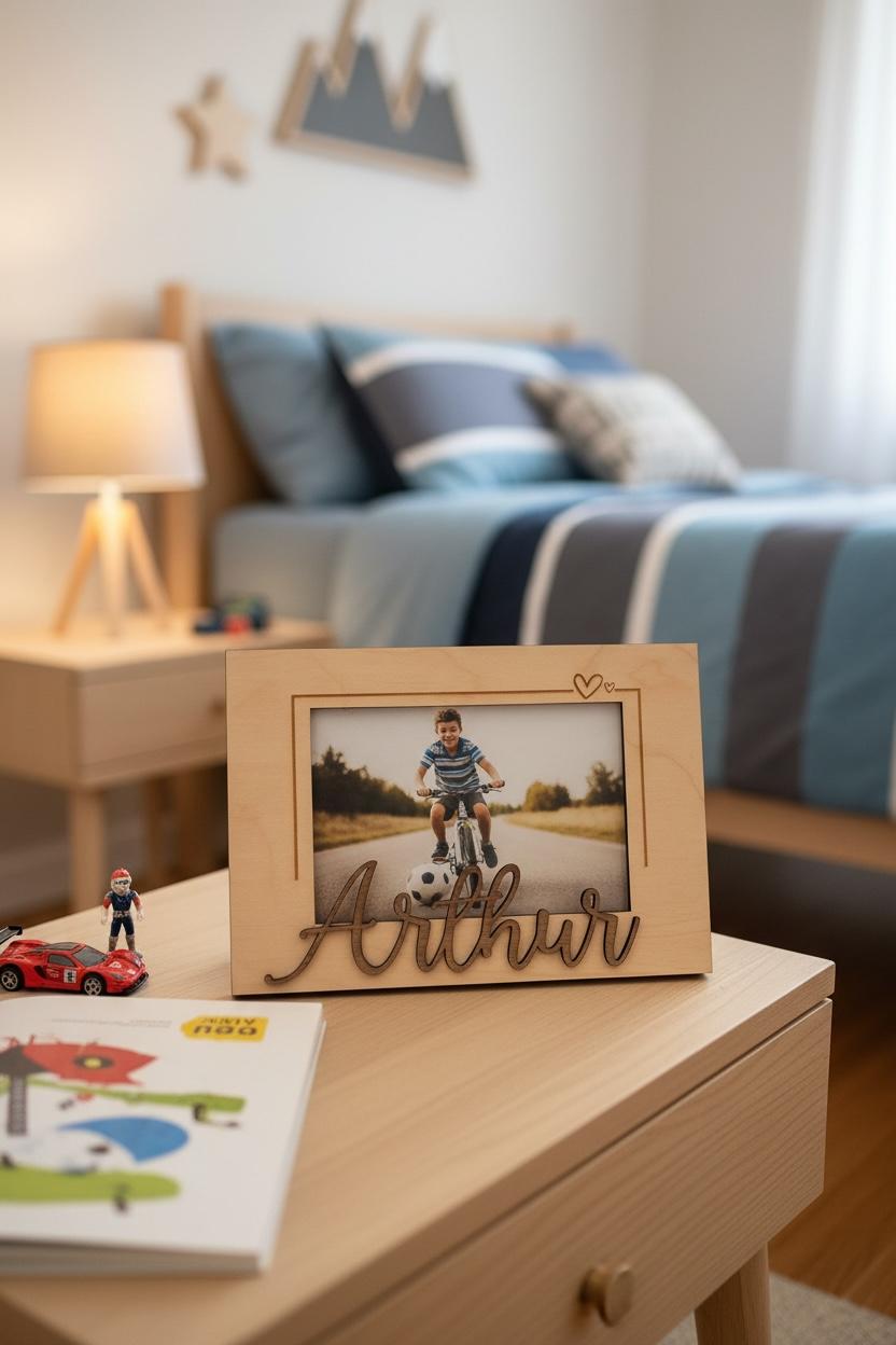 Personalisierter Bilderrahmen aus Holz mit Namen – Foto 10×15 cm – Hoch- oder Querformat – stehend oder hängend