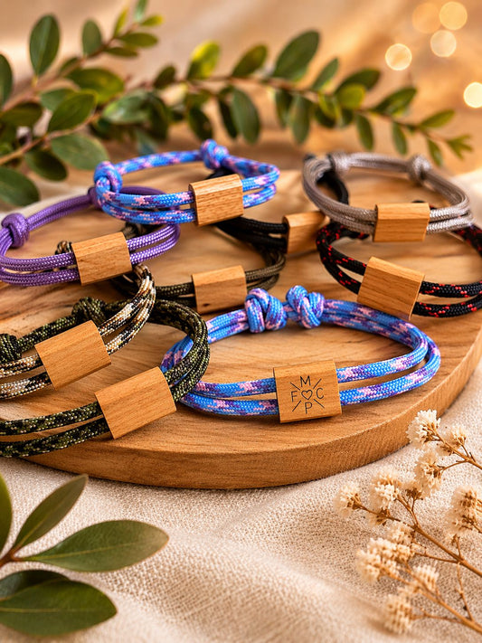 Verstellbares Armband mit Holz-Element & Wunschgravur – Personalisiert | Unisex Paracord Armband in verschiedenen Farben