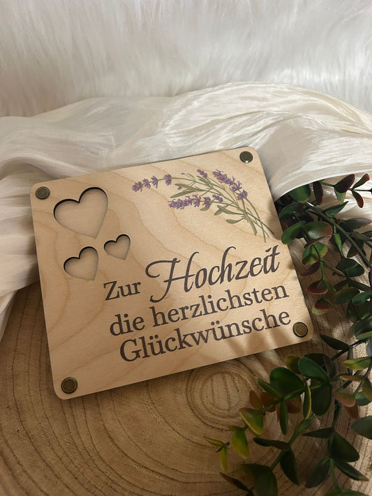 Geldgeschenk zur Hochzeit aus Holz – Bedruckte Geldgeschenkbox mit Lavendelmotiv | Hochzeitsgeschenk aus Holz zum Befüllen