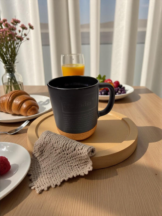 Personalisierte Laser Keramiktasse  – mit abnehmbarem Korksockel & Deckel – 330 ml – Schwarz & Weiß – spülmaschinengeeignet